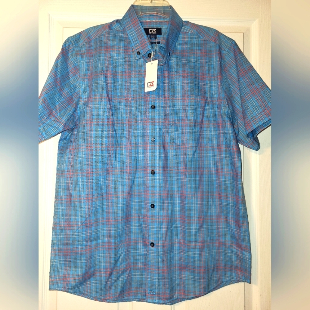 Cutter & Buck Men's‎ Plaid Short Sleeve Shirt Easy Care Size Medium Blue Pink